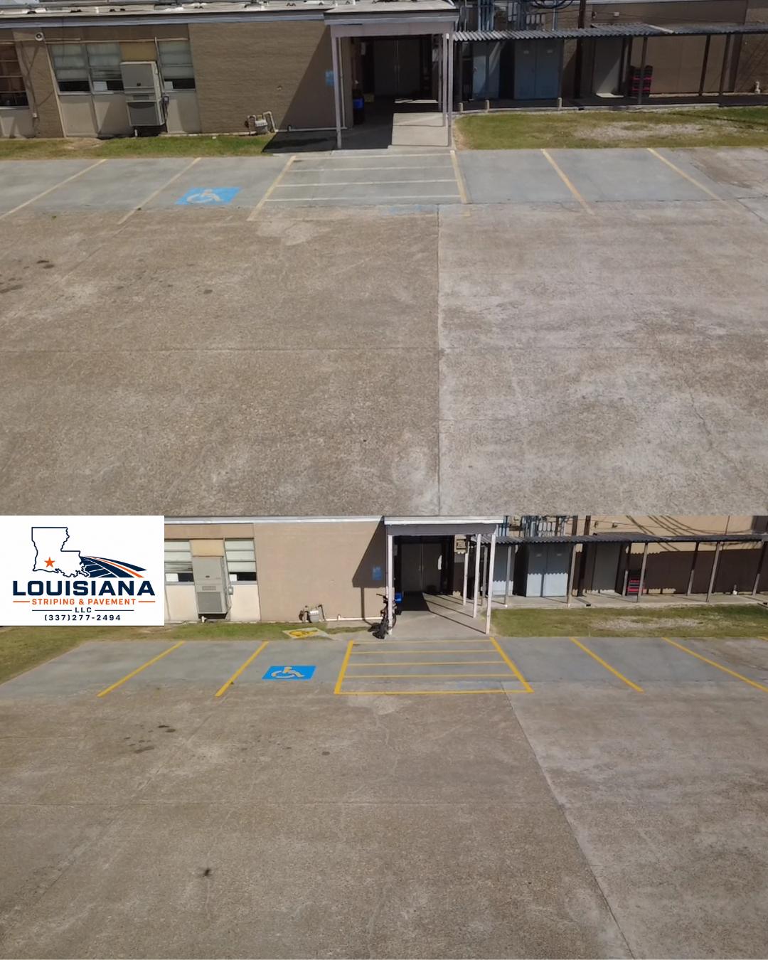 Before and after of a repainted accessible parking space and yellow crosshatched zone at Kinder High School