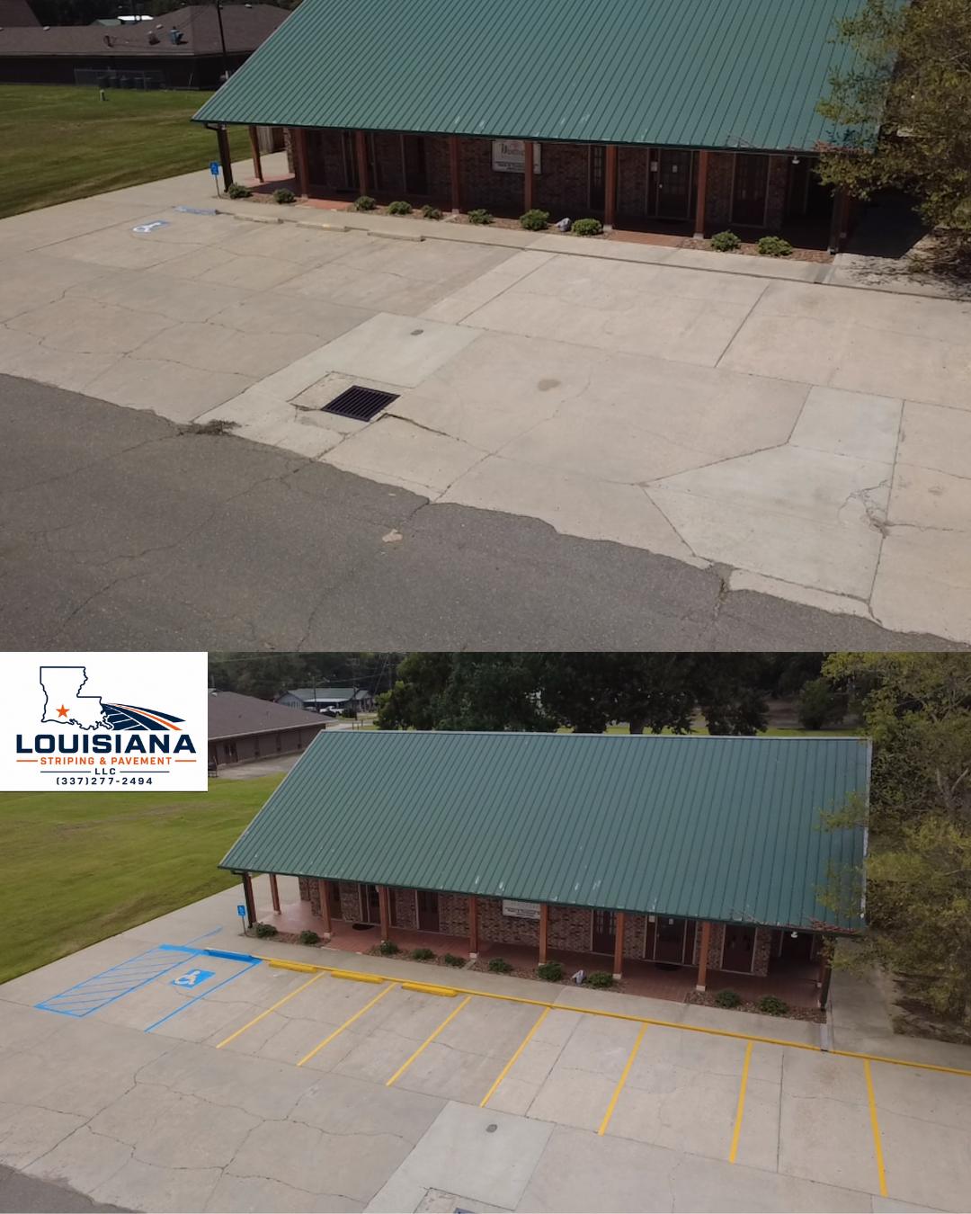 Before and after of a doctor's office lot in Eunice, LA with new yellow stall lines and a blue accessible space