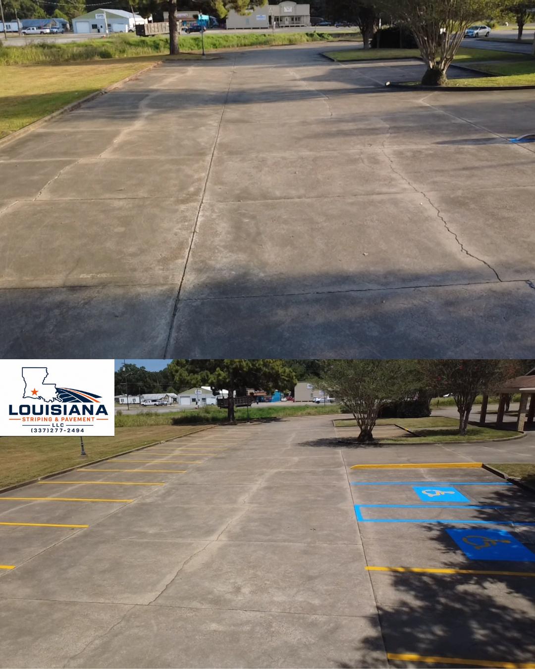 Before and after of a bare concrete lot at a funeral home in Eunice, LA striped with yellow stall lines and two accessible spaces