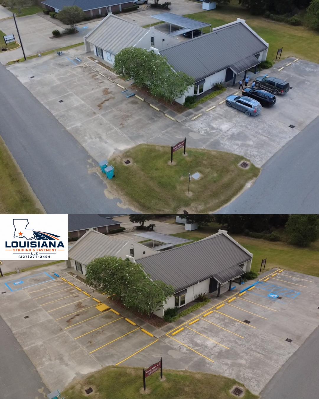 Before and after aerial of a medical office parking lot in Eunice, LA restriped with yellow stall lines and blue accessible spaces