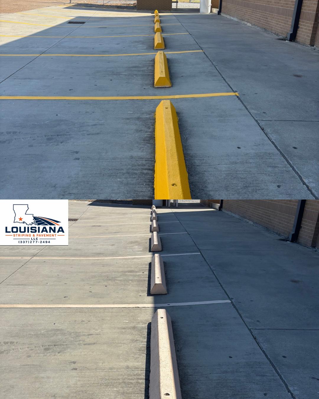 Concrete wheel stops painted safety yellow at Kinder High School, shown above the unpainted before photo