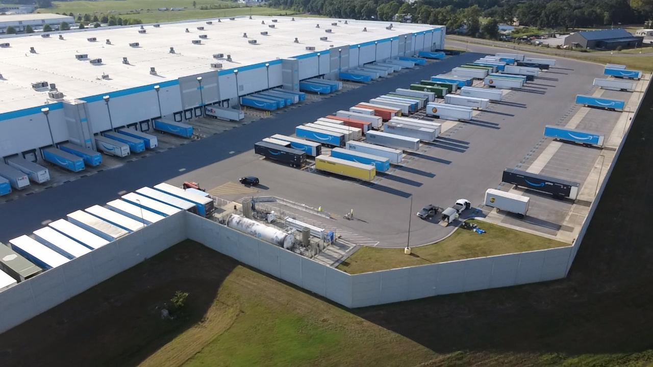 Aerial view of the truck court and trailer parking at a distribution center in Carencro, LA