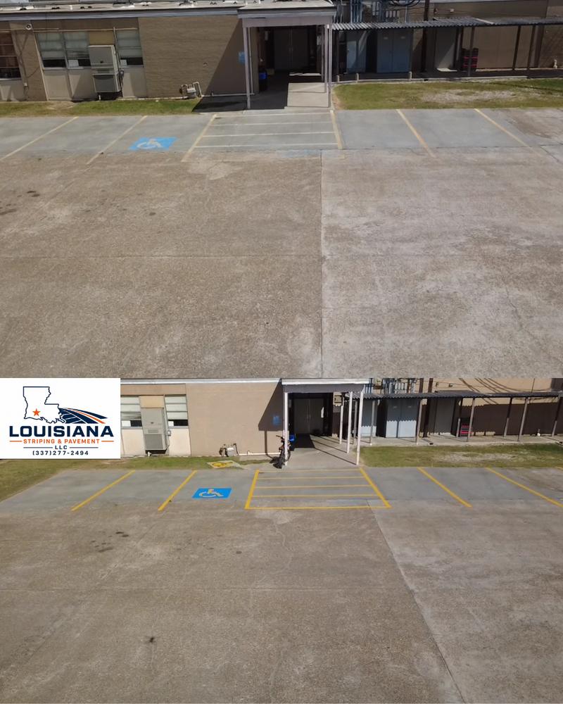 Before and after of a repainted accessible parking space and yellow crosshatched zone at Kinder High School