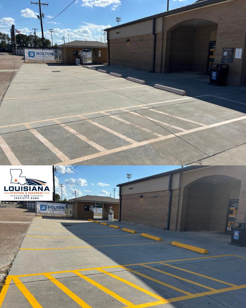 Before and after of restriped parking spaces at Kinder High School