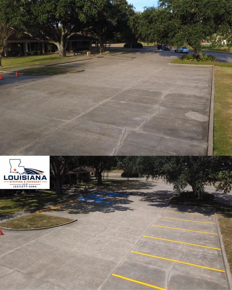 Before and after of a funeral home parking area in Eunice, LA with new yellow stall lines under oak trees
