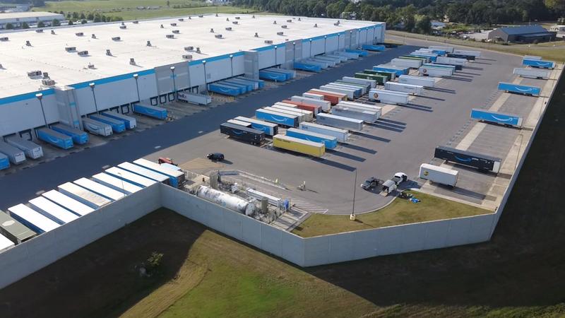 Aerial view of the truck court and trailer parking at a distribution center in Carencro, LA